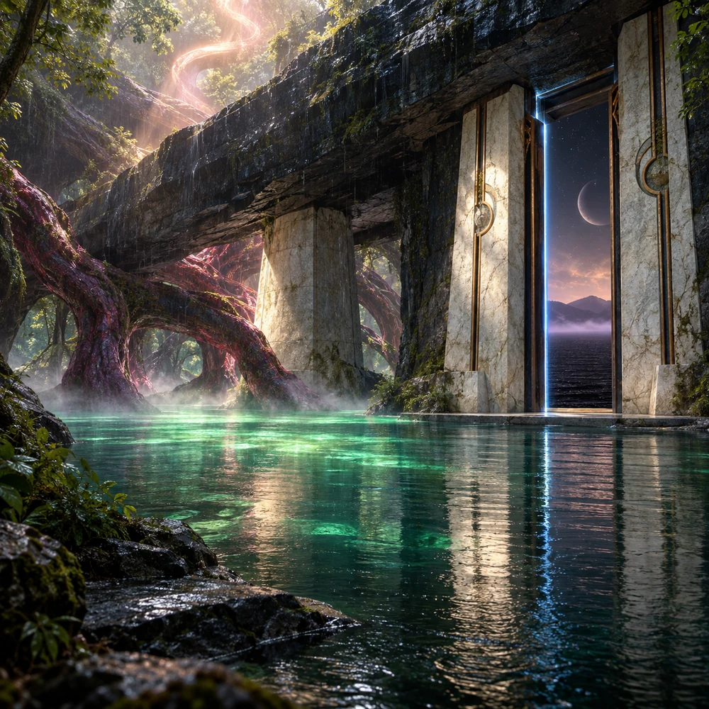 The Lake Behind the Rain — luminous green water, ancient roots and a doorway into a starry world