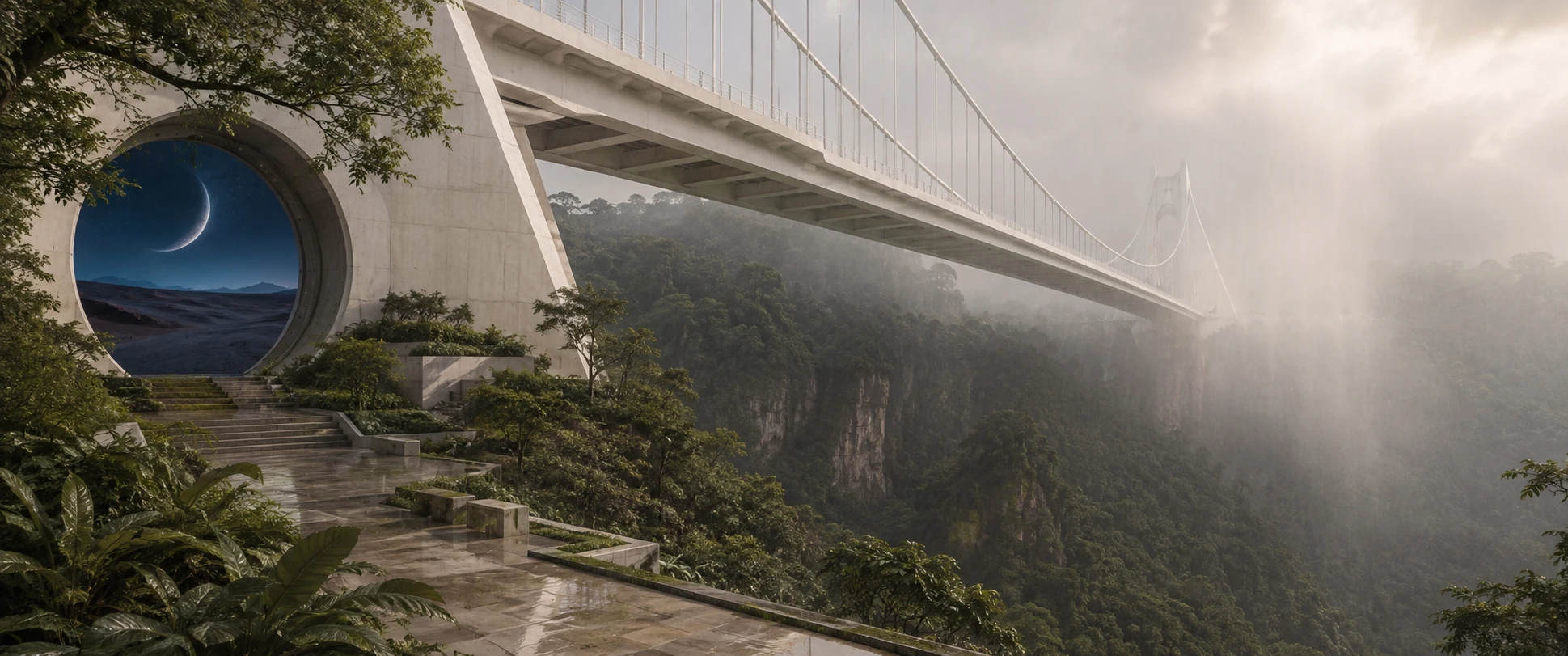 A monumental passage between rain-soaked architecture and another world