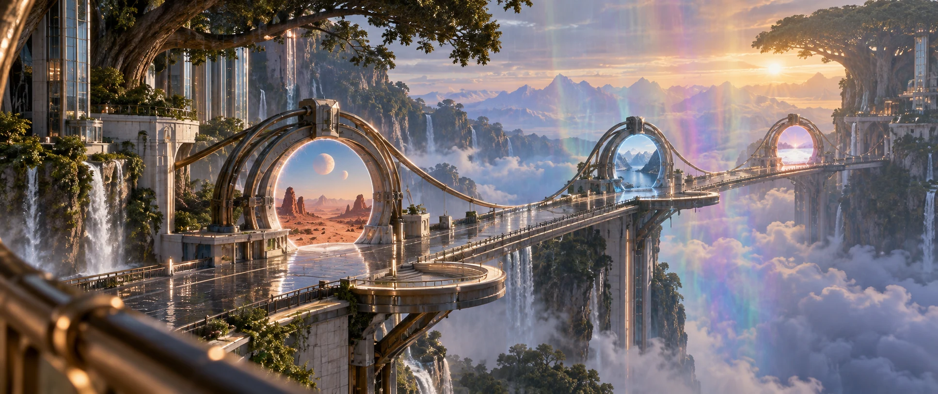 A sunlit bridge crossing colossal world-tree cliffs through three portals and prismatic rain