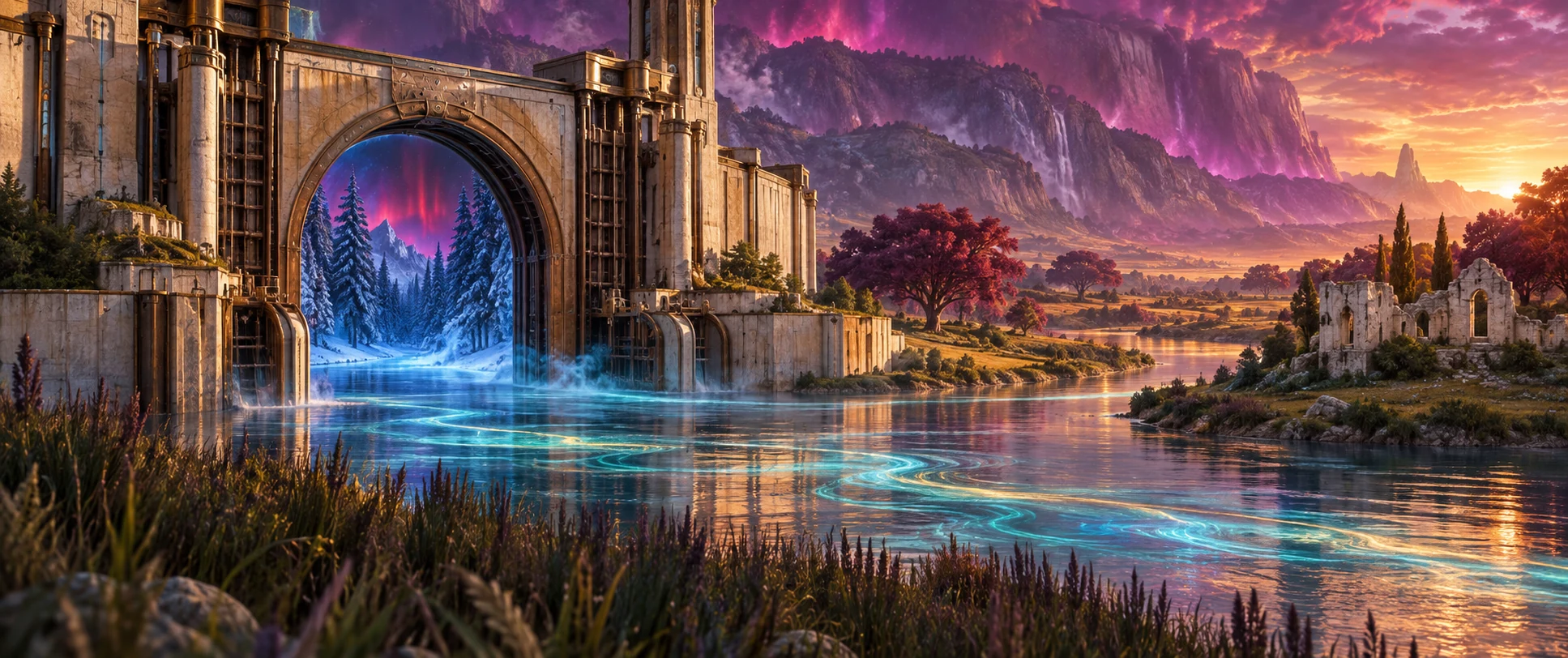 A luminous river through an ancient gateway beneath a violet sky at sunset